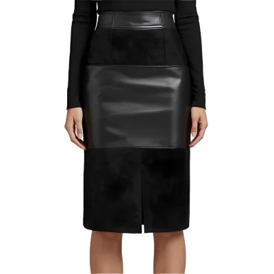 Jupe mi longue en agneau noir et agneau velours noir modèle Ambre