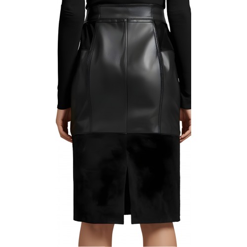 Jupe mi longue en agneau noir et agneau velours noir modèle Ambre
