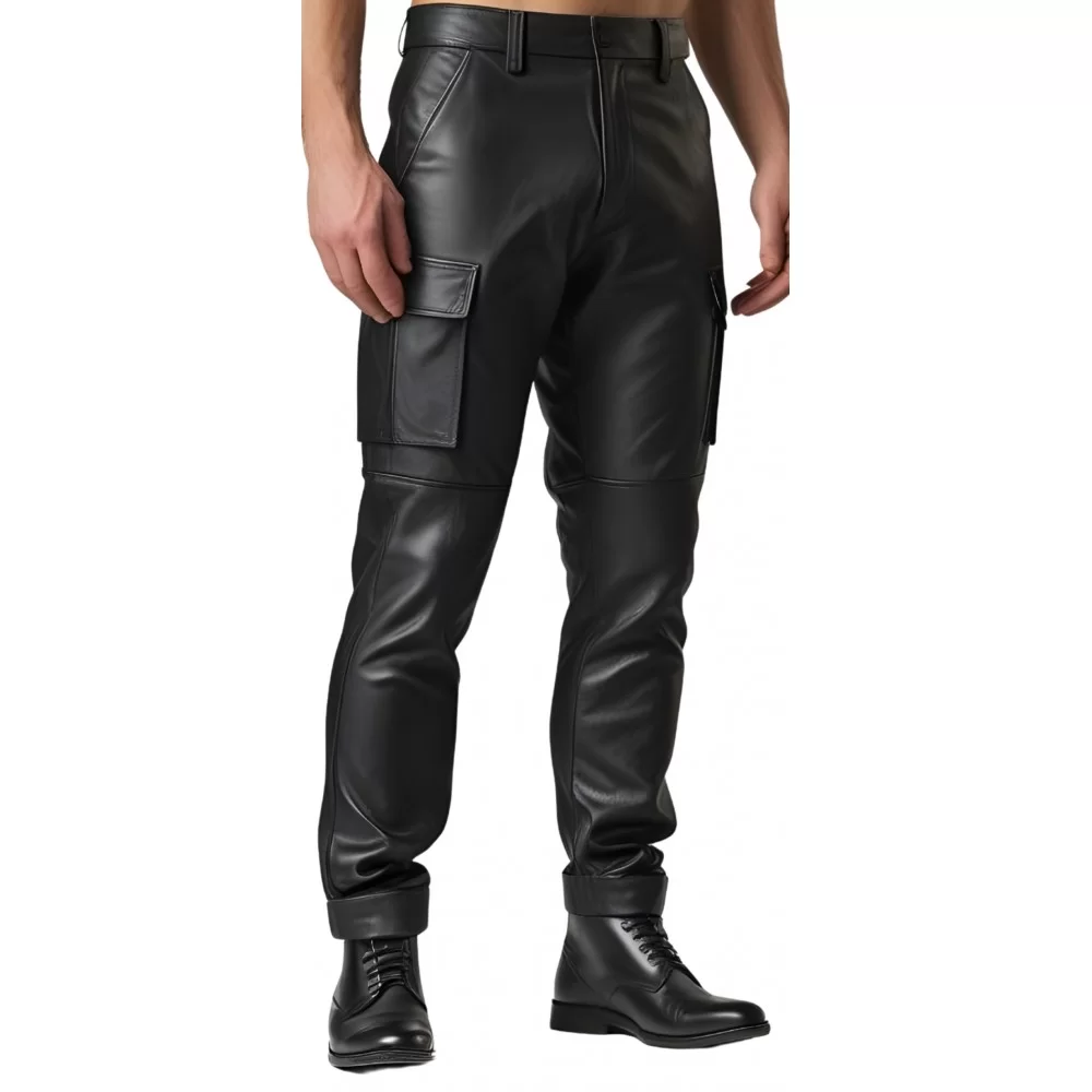 Pantalon style cargo cuir homme en cuir d'agneau noir modèle Allane Pantalon style cargo cuir homme en cuir d'agneau noir modèle Allane