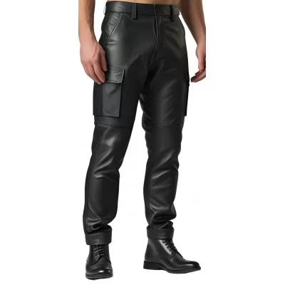 Pantalon style cargo cuir homme en cuir d'agneau noir modèle Allane