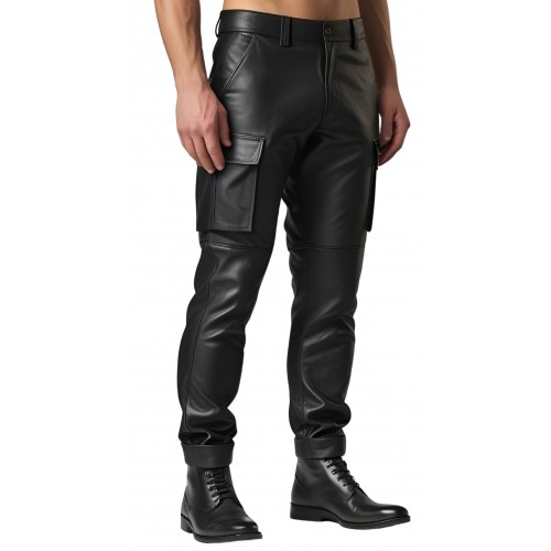 Pantalon style cargo cuir homme en cuir d'agneau noir modèle Allane