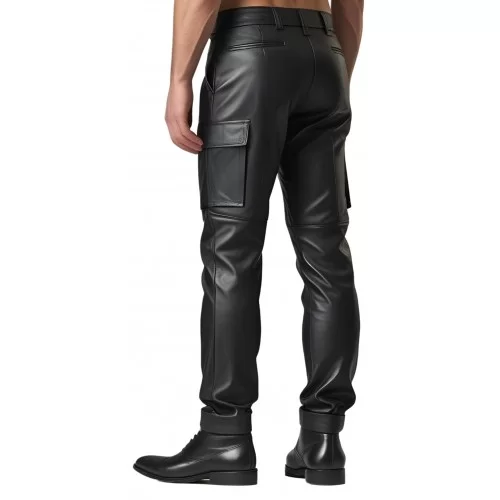 Pantalon style cargo cuir homme en cuir d'agneau noir modèle Allane Pantalon style cargo cuir homme en cuir d'agneau noir modèle Allane