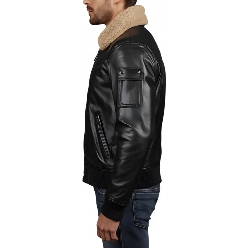 Blouson cuir homme type pilote en mouton noir col amovible en mouton véritable modèle Cirylie