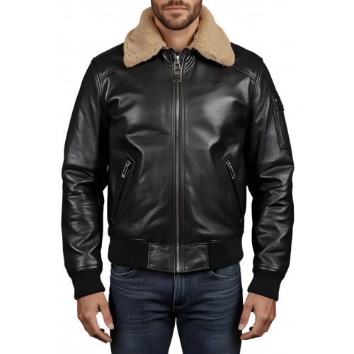 Blouson cuir homme type pilote en mouton noir col amovible en mouton véritable modèle Cirylie
