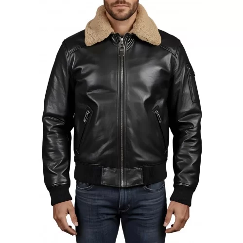Blouson cuir homme type pilote en mouton noir col amovible en mouton véritable modèle Cirylie