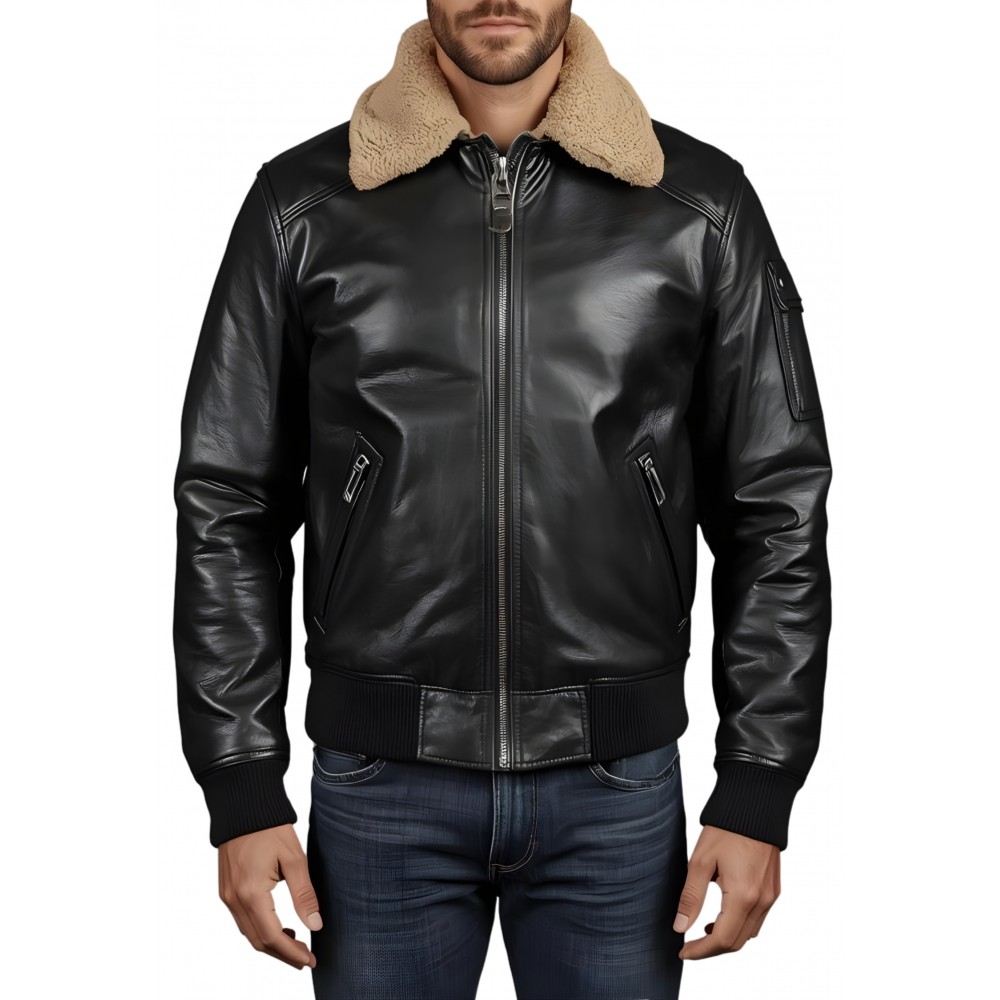Blouson cuir homme type pilote en mouton noir col amovible en mouton véritable modèle Cirylie
