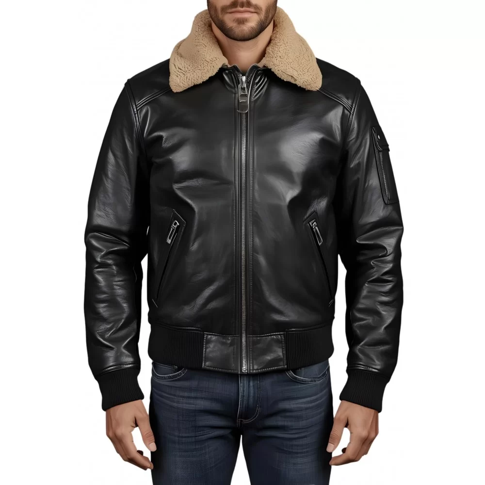 Blouson cuir homme type pilote en mouton noir col amovible en mouton véritable modèle Cirylie Blouson cuir homme type pilote en mouton noir col amovible en mouton véritable modèle Cirylie