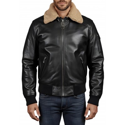 Blouson cuir homme type pilote en mouton noir col amovible en mouton véritable modèle Cirylie