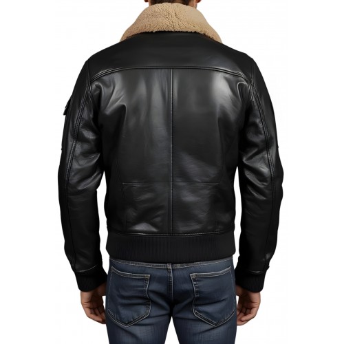 Blouson cuir homme type pilote en mouton noir col amovible en mouton véritable modèle Cirylie