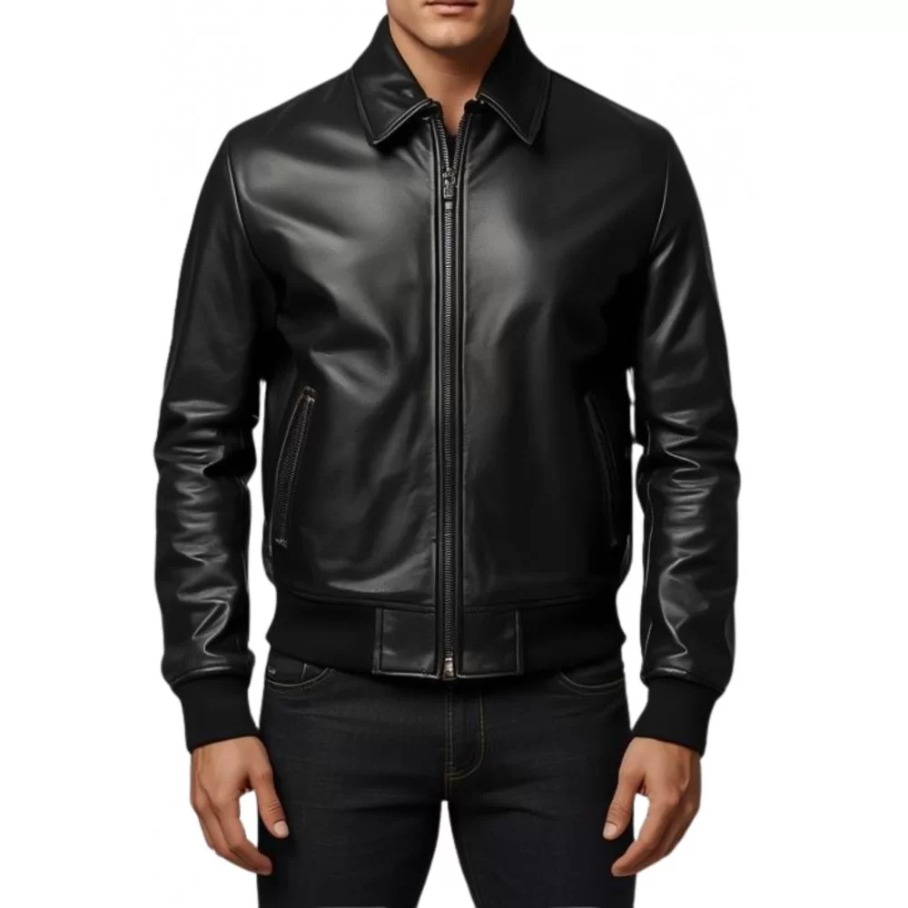 Blouson homme type aviateur en cuir d'agneau noir modèle Jeromy