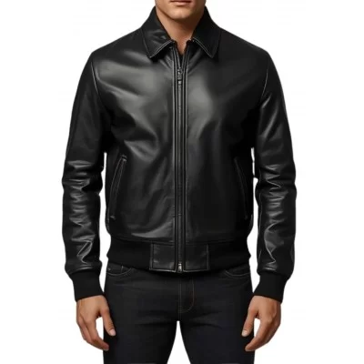 Blouson homme type aviateur en cuir d'agneau noir modèle Jeromy