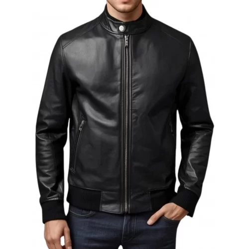 Blouson homme classique en cuir d'agneau noir modèle Juliani