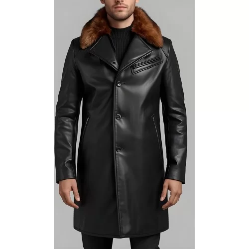 Manteau en cuir d'agneau noir fermeture par boutons sur l'avant avec col amovible en renard roux modèle Jacobin