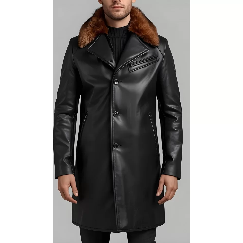 Manteau en cuir d'agneau noir fermeture par boutons sur l'avant avec col amovible en renard roux modèle Jacobin Manteau en cuir d'agneau noir fermeture par boutons sur l'avant avec col amovible en renard roux modèle Jacobin
