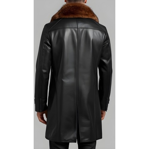 Manteau en cuir d'agneau noir fermeture par boutons sur l'avant avec col amovible en renard roux modèle Jacobin