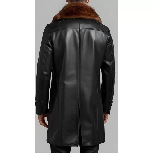 Manteau en cuir d'agneau noir fermeture par boutons sur l'avant avec col amovible en renard roux modèle Jacobin Manteau en cuir d'agneau noir fermeture par boutons sur l'avant avec col amovible en renard roux modèle Jacobin
