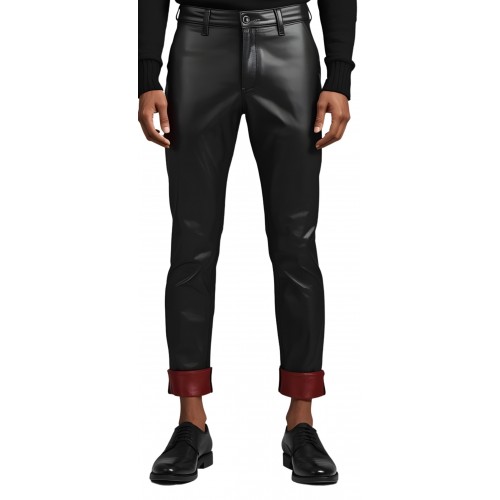 Pantalon homme en cuir d'agneau noir avec revers bas de pantalon et haut poches arrières en agneau bordeaux modèle Nimi