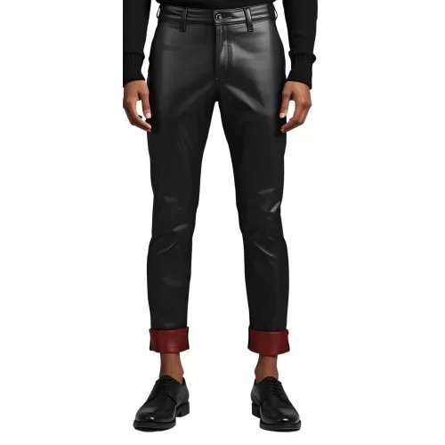 Pantalon homme en cuir d'agneau noir avec revers bas de pantalon et haut poches arrières en agneau bordeaux modèle Nimi