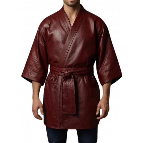 Kimono homme en cuir d'agneau marron ceinture amovible marron modèle Richalo