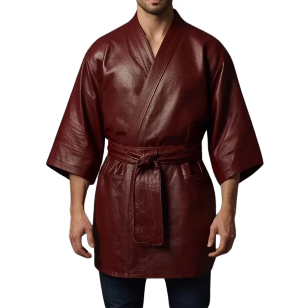 Kimono homme en cuir d'agneau marron ceinture amovible marron modèle Richalo Kimono homme en cuir d'agneau marron ceinture amovible marron modèle Richalo