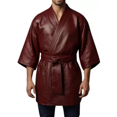 Kimono homme en cuir d'agneau marron ceinture amovible marron modèle Richalo