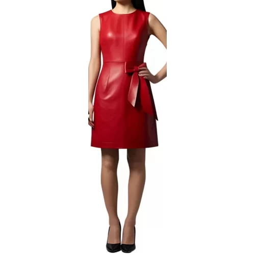 Robe en cuir d'agneau rouge avec un noeud en cuir rouge sur l'avant modèle Mathie
