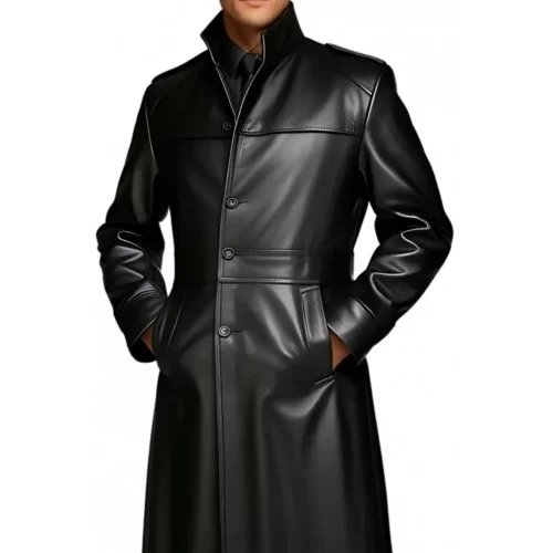 Manteau long homme style Matrix en cuir d'agneau noir fermeture par boutons modèle Goast