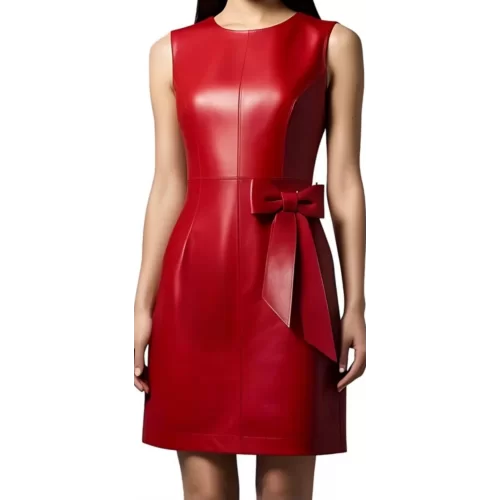 Robe en cuir d'agneau rouge avec un noeud en cuir rouge sur l'avant modèle Mathie