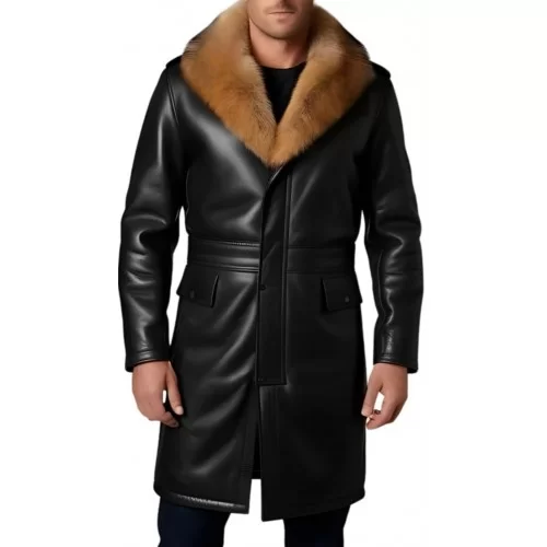 Trois quart homme en cuir d'agneau noir col en renard naturel véritable amovible fermeture par boutons modèle Richardy