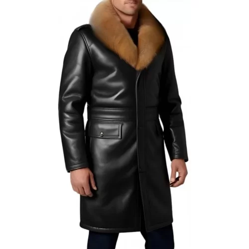 Trois quart homme en cuir d'agneau noir col en renard naturel véritable amovible fermeture par boutons modèle Richardy