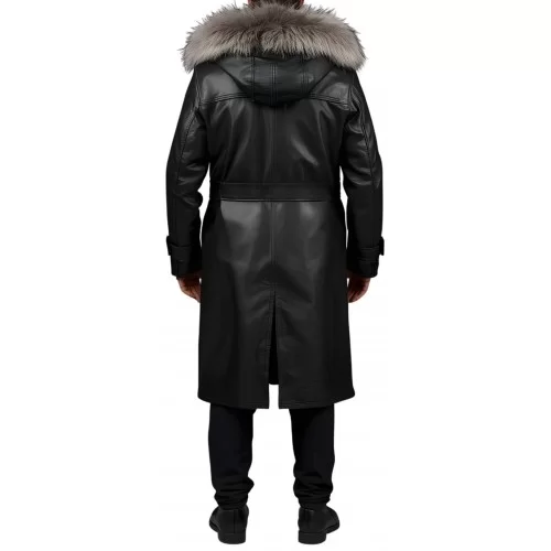 Manteau maxi type parka homme en cuir d'agneau noir capuche amovible avec pourtour renard argenté véritable modèle Zoluxe