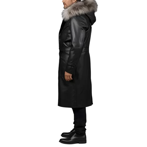 Manteau maxi type parka homme en cuir d'agneau noir capuche amovible avec pourtour renard argenté véritable modèle Zoluxe