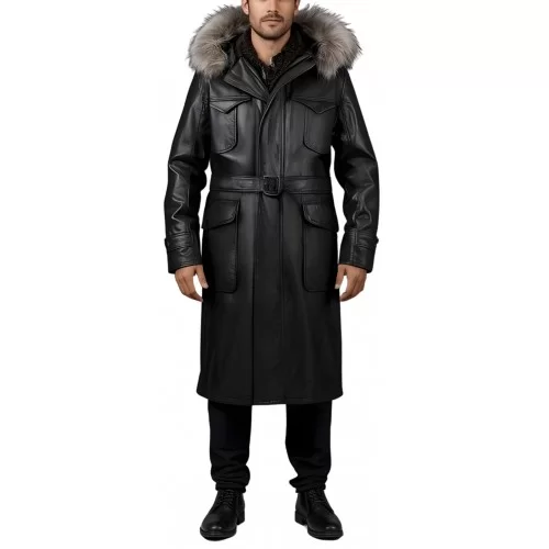 Manteau maxi type parka homme en cuir d'agneau noir capuche amovible avec pourtour renard argenté véritable modèle Zoluxe