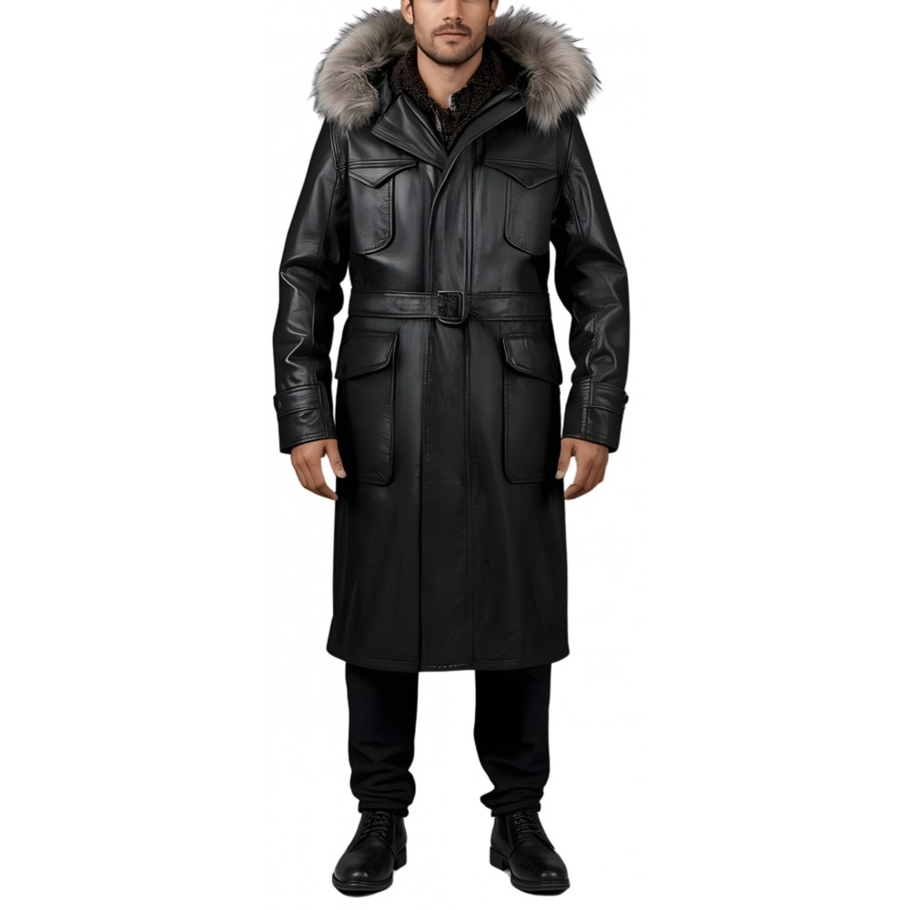 Manteau maxi type parka homme en cuir d'agneau noir capuche amovible avec pourtour renard argenté véritable modèle Zoluxe