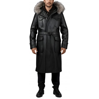 Manteau maxi type parka homme en cuir d'agneau noir capuche amovible avec pourtour renard argenté véritable modèle Zoluxe