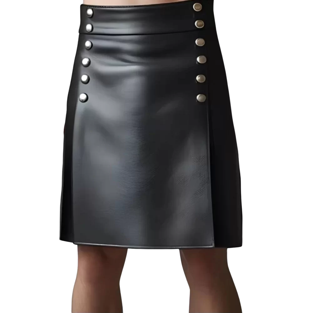 Kilt jupe gladiateur en cuir d'agneau noir avec rivets ronds en métal argent modèle Naomi
