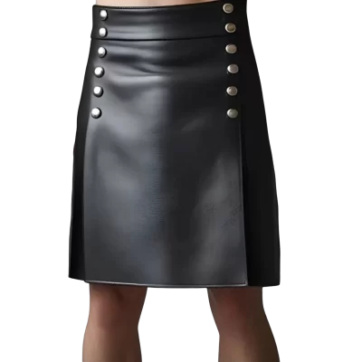 Kilt jupe gladiateur en cuir d'agneau noir avec rivets ronds en métal argent modèle Naomi