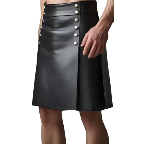 Kilt jupe gladiateur en cuir d'agneau noir avec rivets ronds en métal argent modèle Naomi