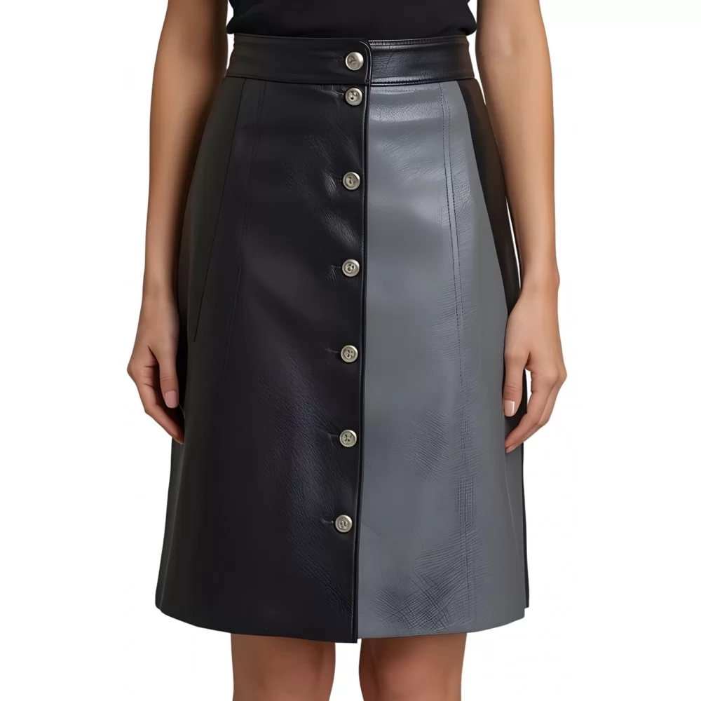 Jupe mi longue en cuir d'agneau bicolore noir et gris modèle Tinéma Jupe mi longue en cuir d'agneau bicolore noir et gris modèle Tinéma