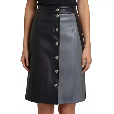 Jupe mi longue en cuir d'agneau bicolore noir et gris modèle Tinéma