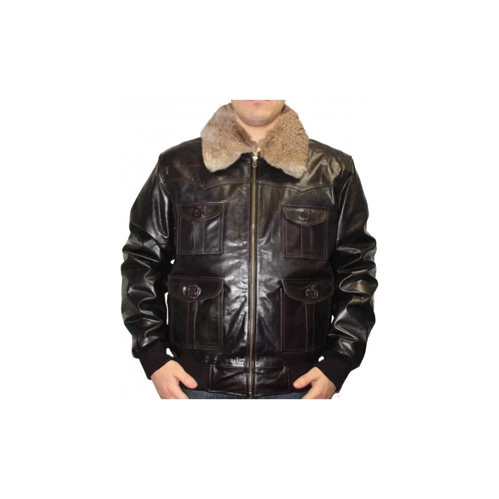 Blouson aviateur marron vintage col fourrure amovible modèle David