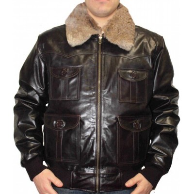 Blouson aviateur marron vintage col fourrure amovible modèle David