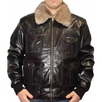 Blouson aviateur marron vintage col fourrure amovible modèle David