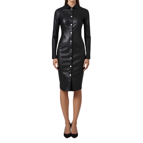 Robe longue en cuir d'agneau stretch noir modèle Tamore
