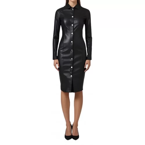 Robe longue en cuir d'agneau stretch noir modèle Tamore