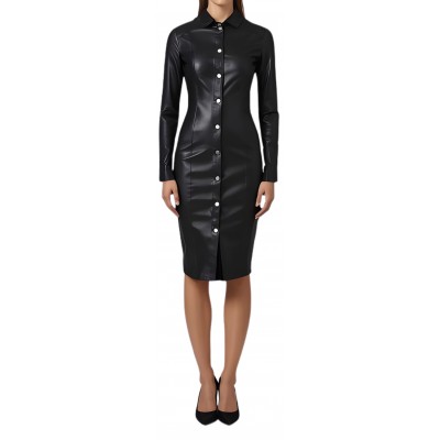 Robe longue en cuir d'agneau stretch noir modèle Tamore