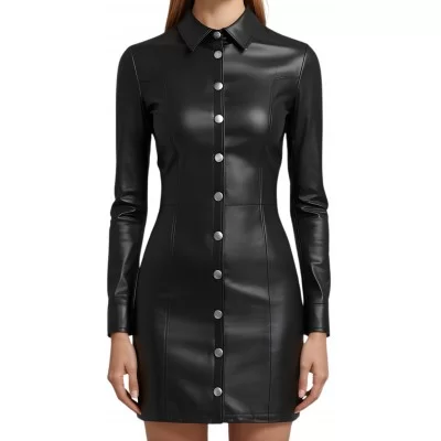 Robe mi longue en cuir d'agneau stretch noir modèle Mamoure