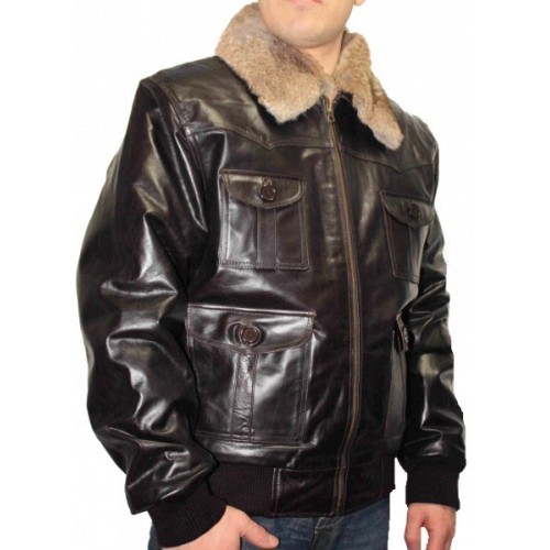 Blouson aviateur marron vintage col fourrure amovible modèle David