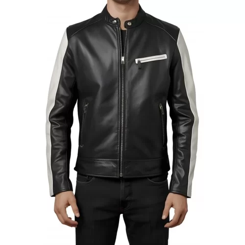 Blouson homme en cuir d'agneau bicolore noir et blanc modèle Éclair