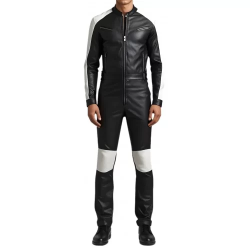COMBINAISON HOMME EN CUIR D'AGNEAU STRETCH NOIR ET BLANC MODELE BRIZZY